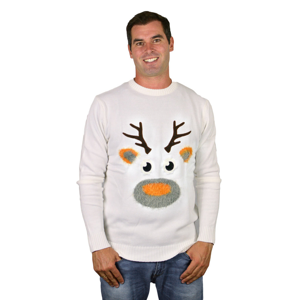 White 3D Christmas Jumper with Hairy Reindeer Mens