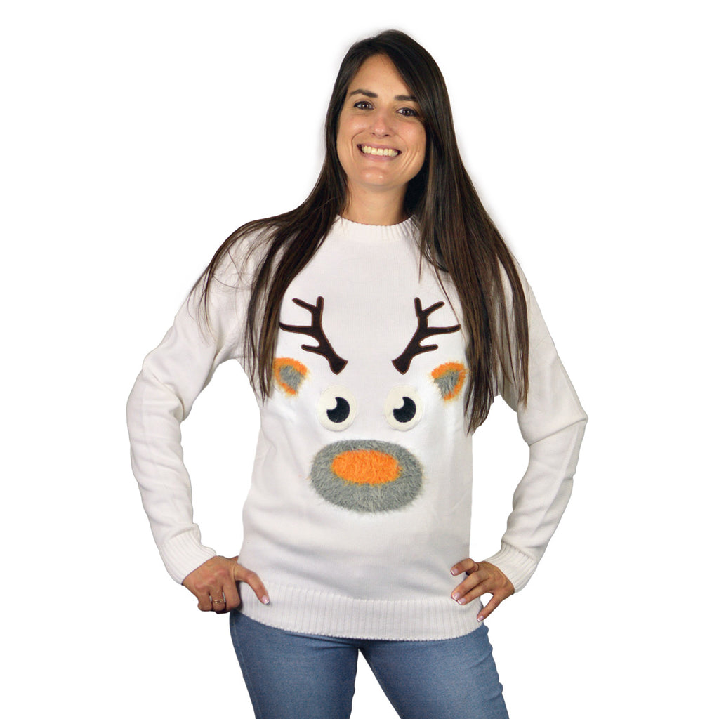 White 3D Christmas Jumper with Hairy Reindeer Womens