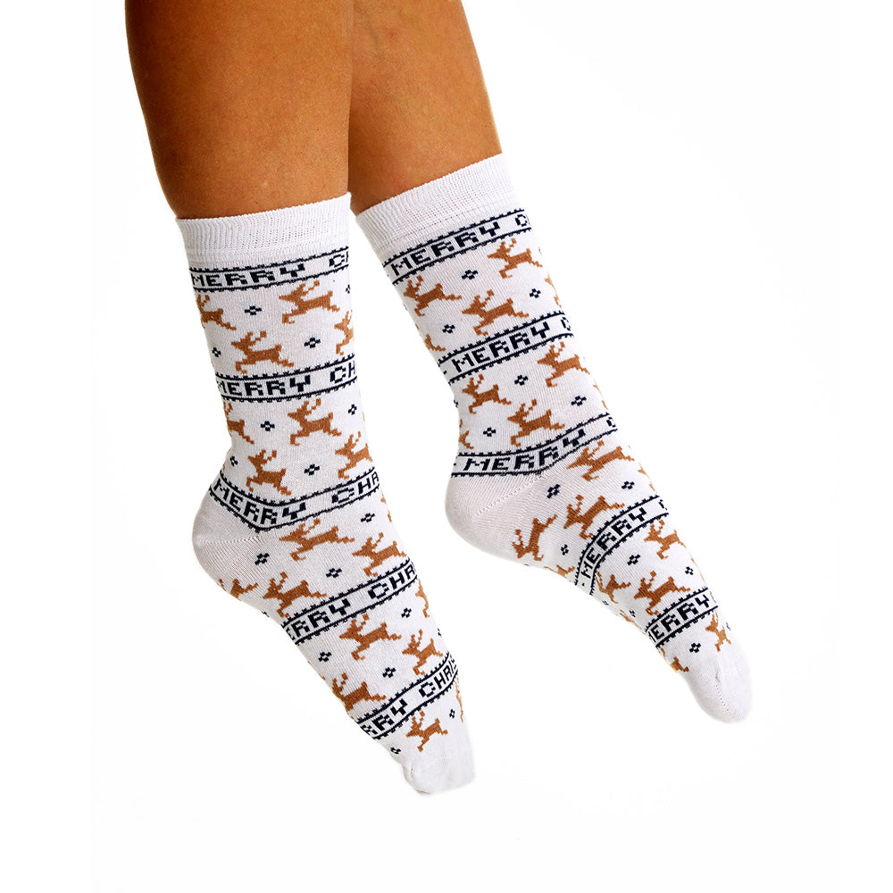 White Elegant Christmas Socks Unisex with Reindeers Womens and Mens
