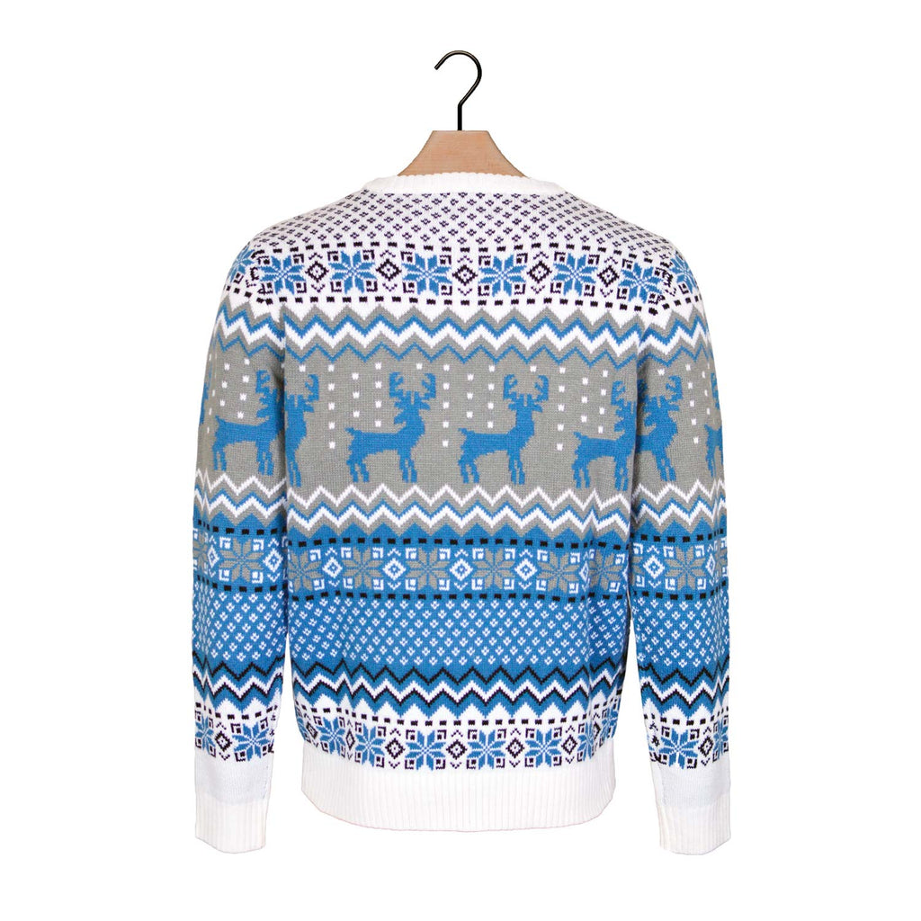 Classy White, Grey and Blue Christmas Jumper with Reindeers Back