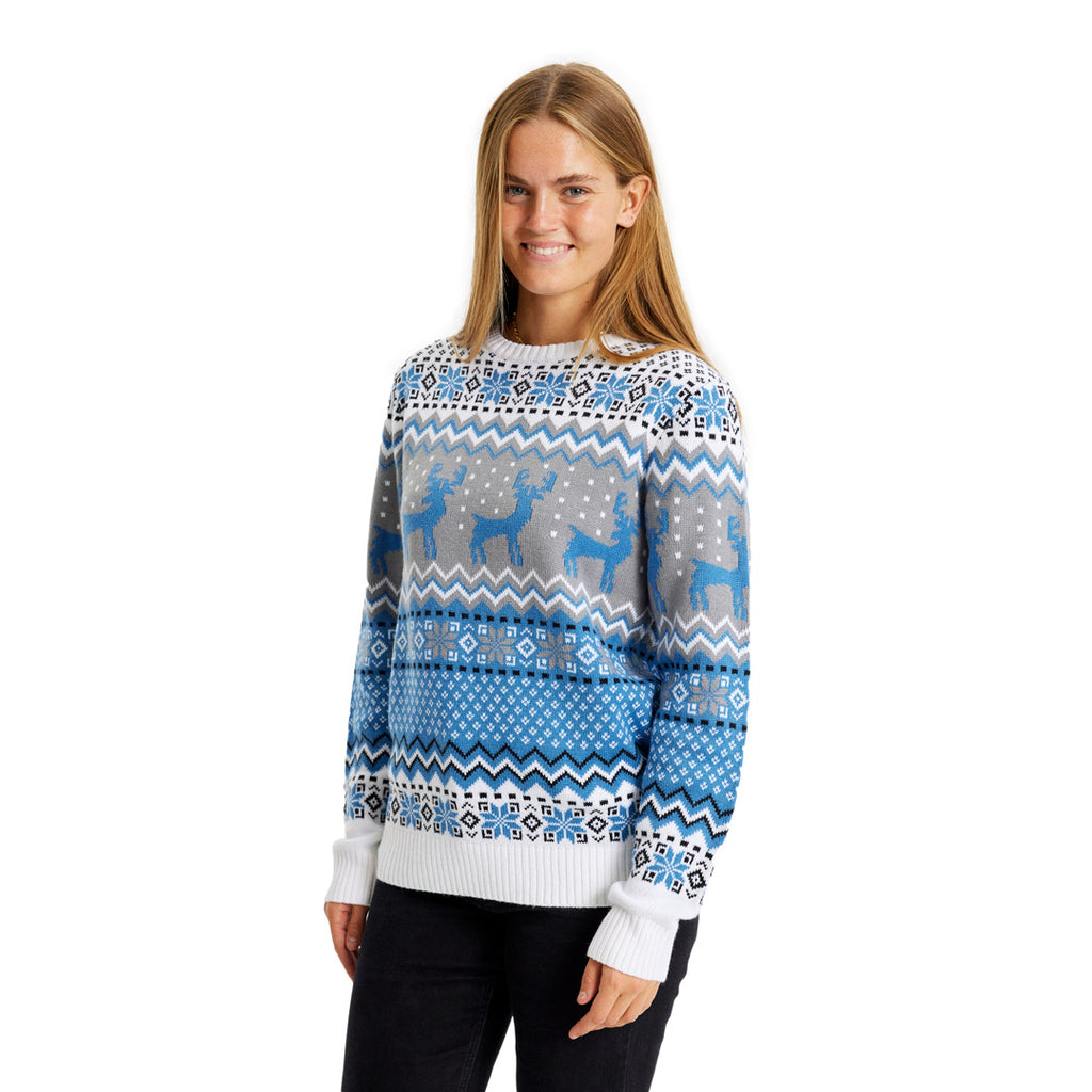 Classy White, Grey and Blue Christmas Jumper with Reindeers Womens