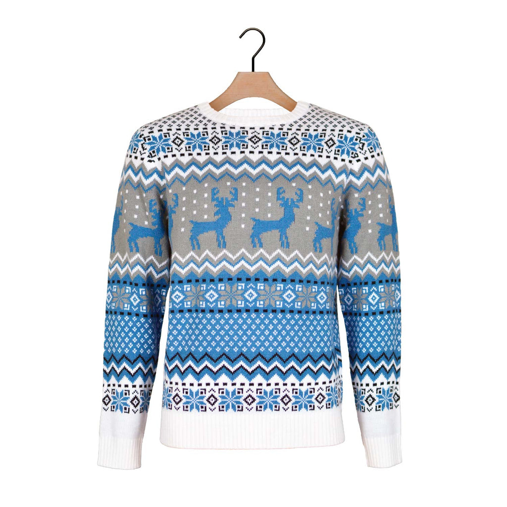 Classy White, Grey and Blue Christmas Jumper with Reindeers