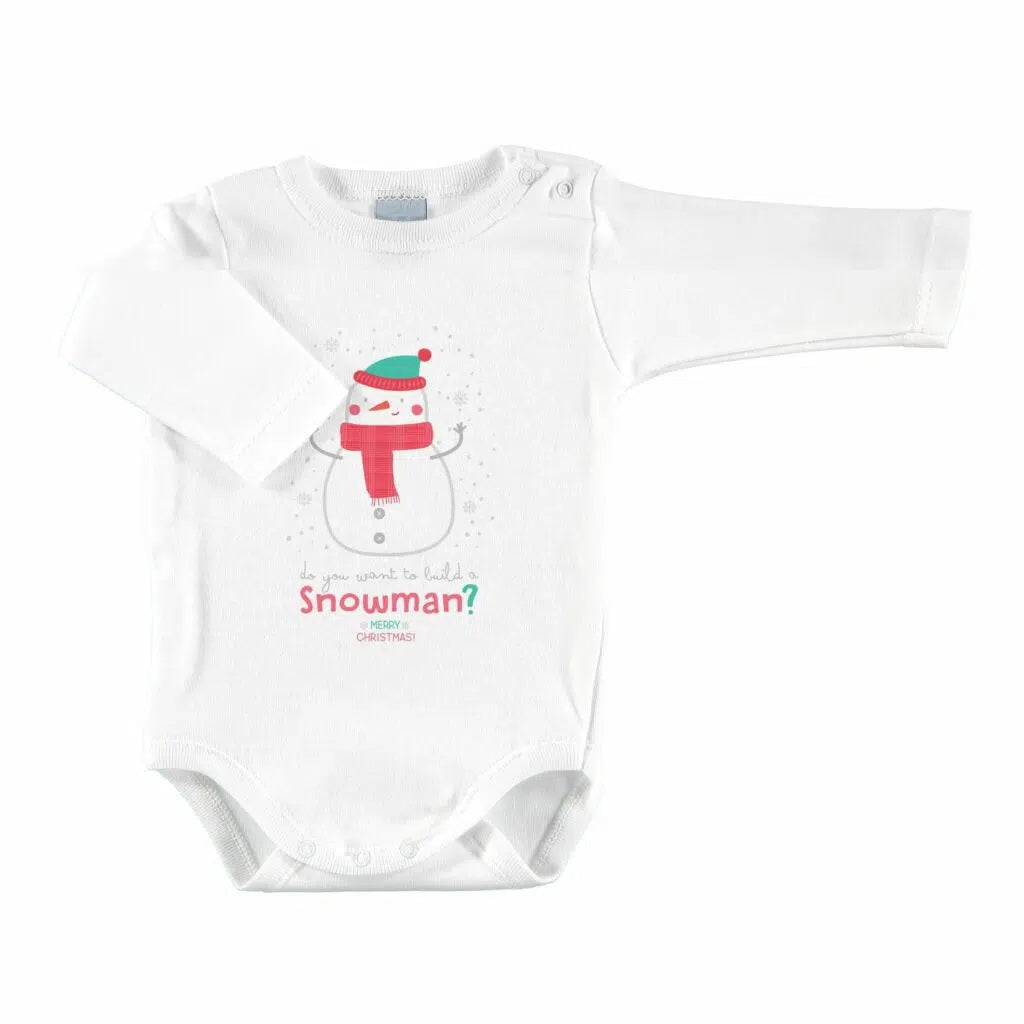 White long sleeve Babys Christmas Bodysuit with Snowman