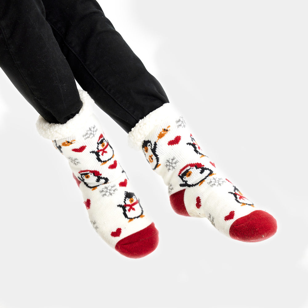 White Rubber Sole Christmas Socks with Penguins and Hearts Womens and Mens