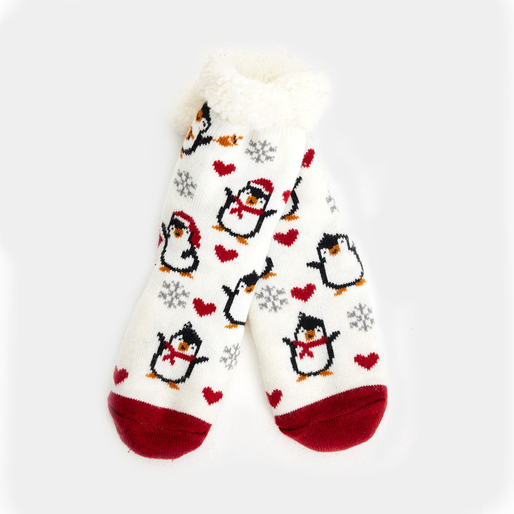 White Rubber Sole Christmas Socks with Penguins and Hearts