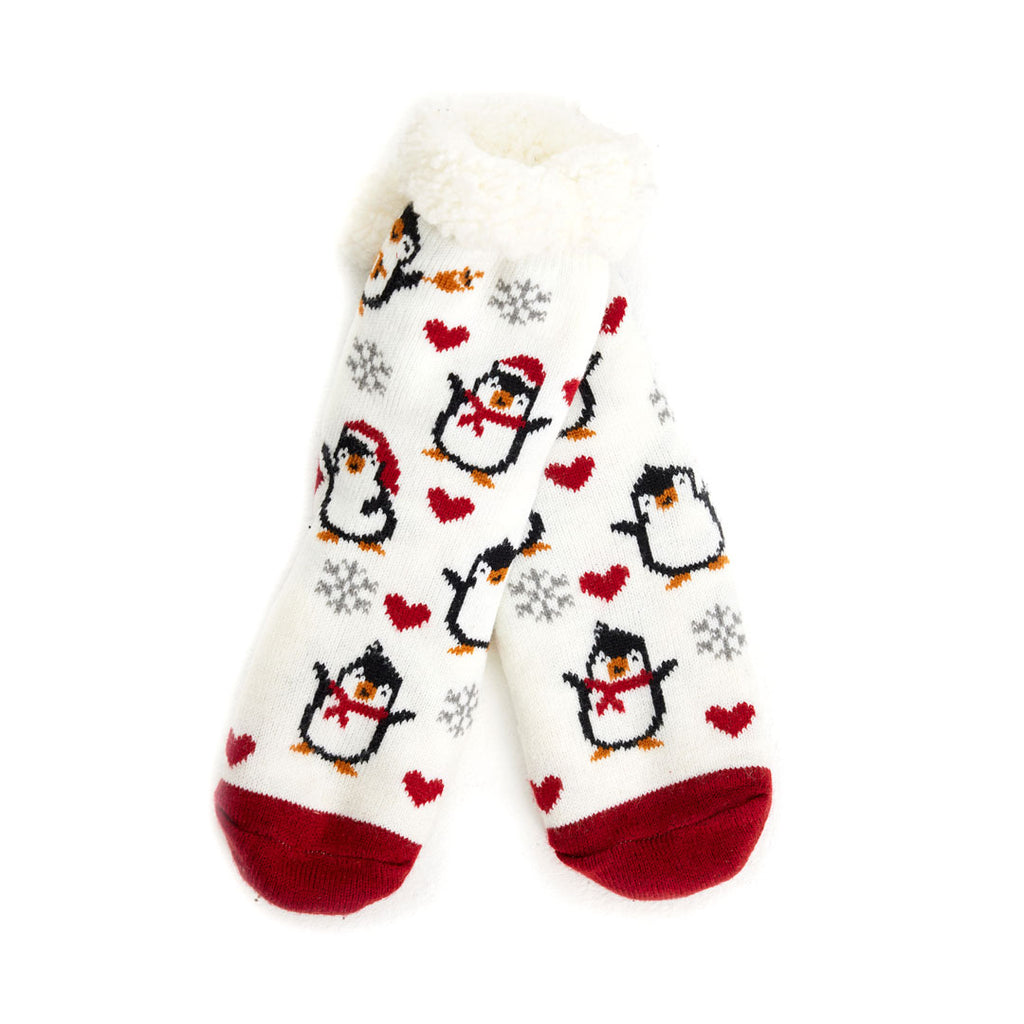 White Rubber Sole Christmas Socks with Penguins and Hearts